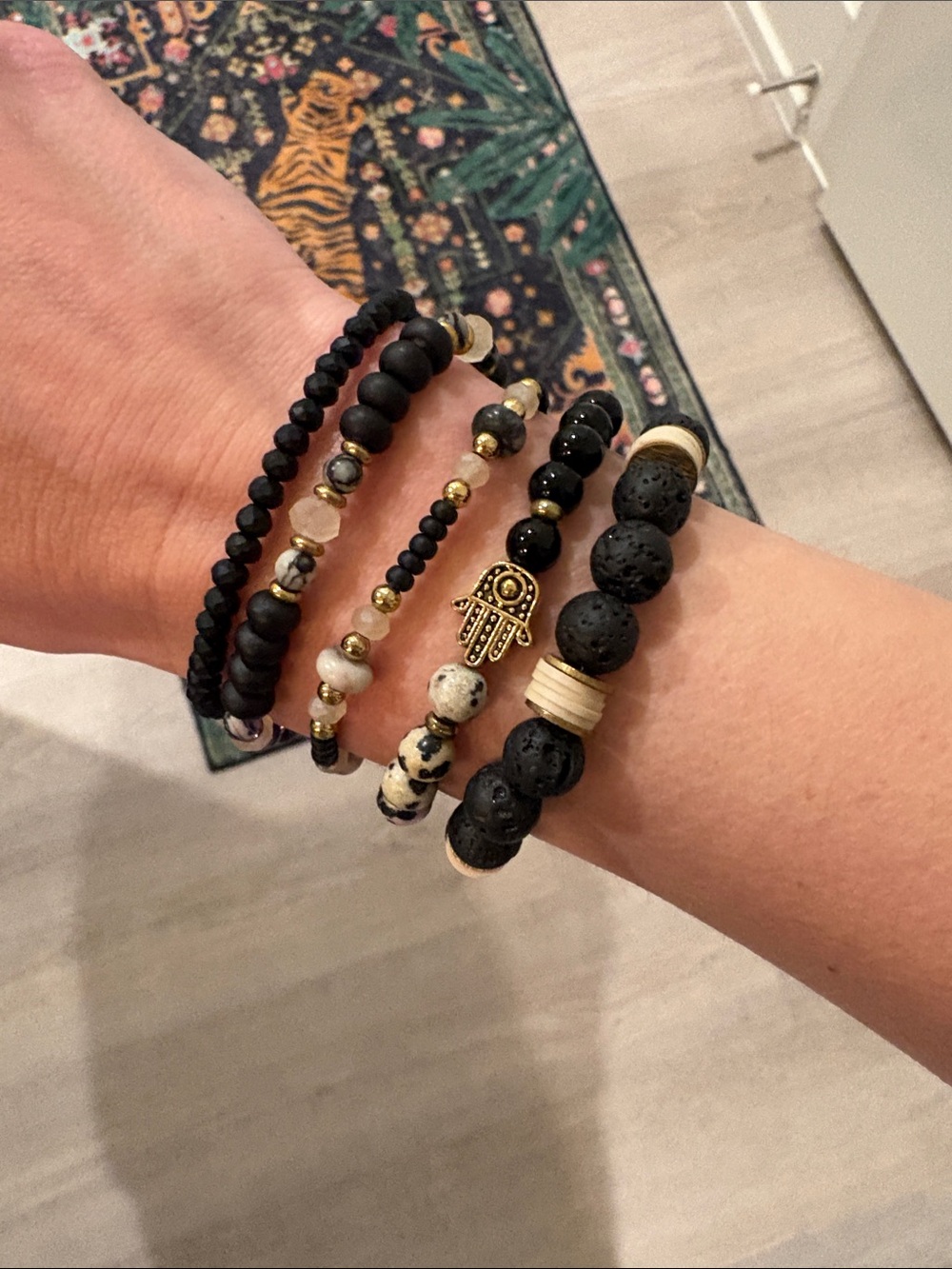 5-Piece Stacked Black & Cream Beaded Women’s Handcrafted Bracelet Set